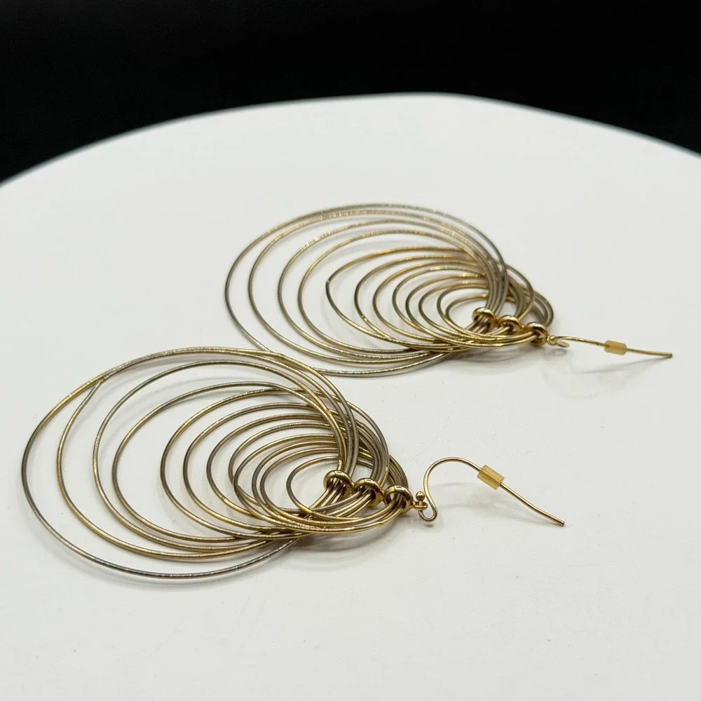 Gold Tone Concentric Multi Hoop Chandelier Earrings Oversized Dangle Statement
